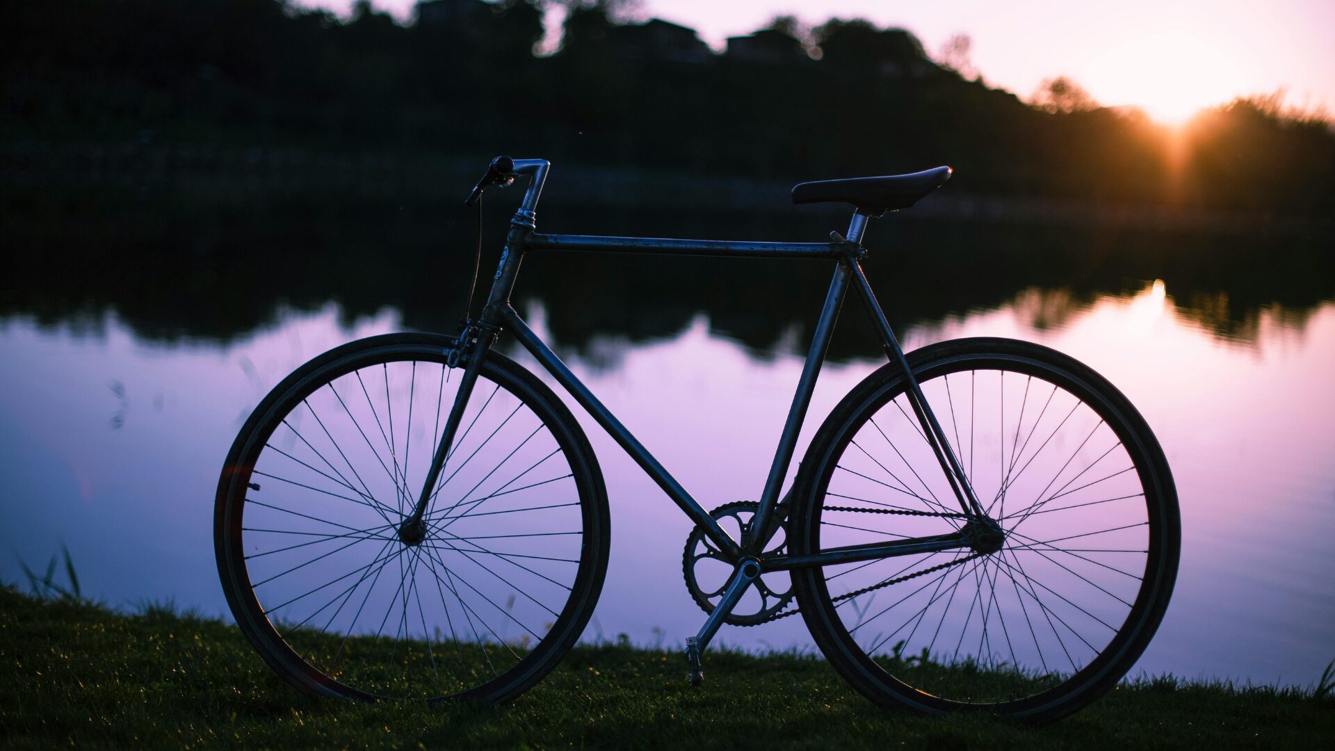 湖前の寒空の下にある自転車の画像
